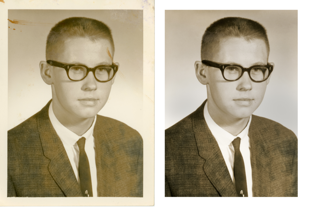 A before-and-after picture of a sepia-toned photo of a yound man
